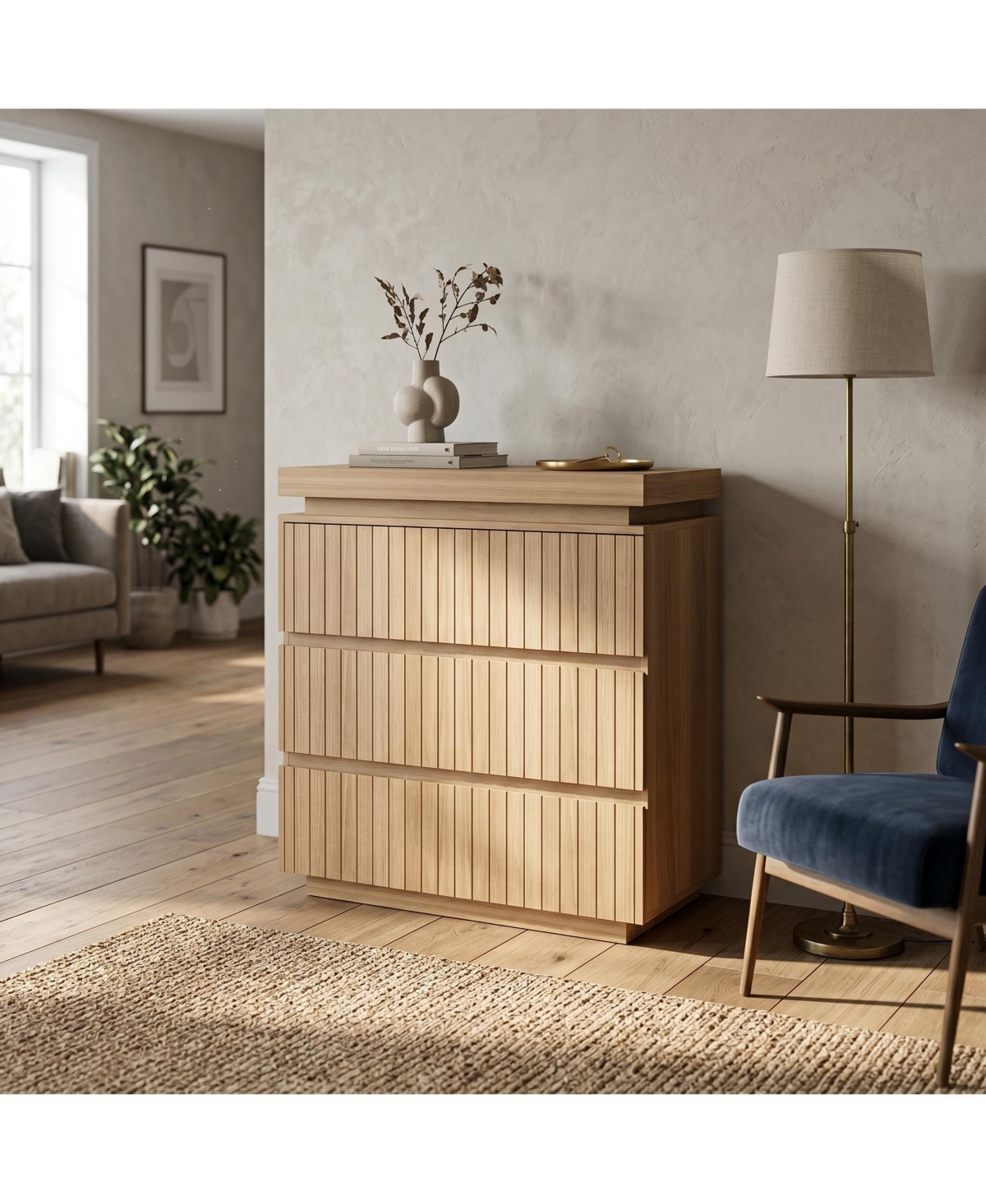 homfan 3-Drawer Dresser with Fluted Design and Floating Top, Modern Chest for Bedroom Entryway Small Spaces