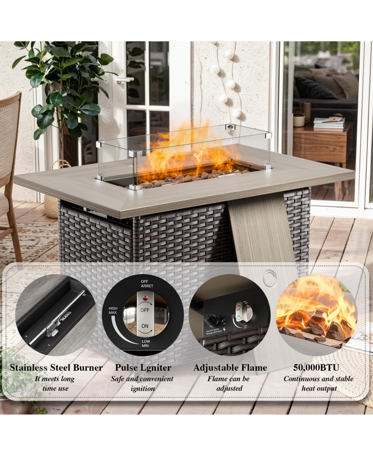 Pocassy 4 Pieces Patio Furniture Set with Propane Fire Pit Table, Deep Seating Wicker Sofa Couch Swivel Glider Chairs Conversation
