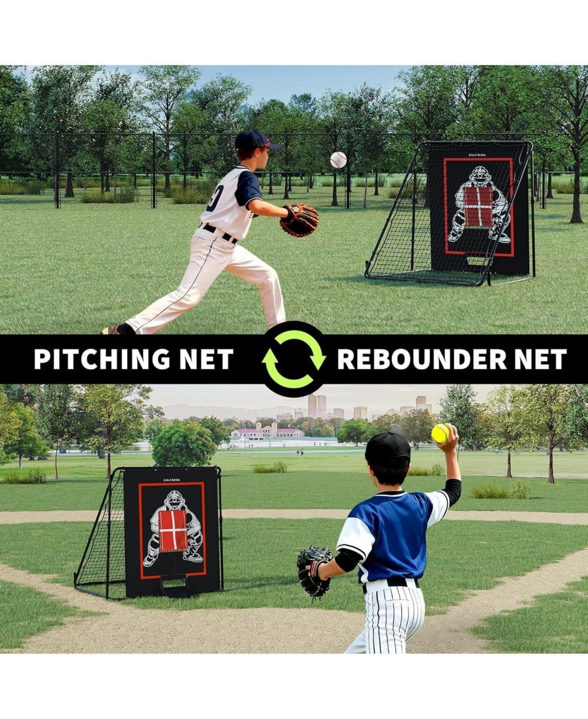 Xo Baseball Pitching Net and Rebounder, Dual-Sided Trainer with Strike Zone, Portable Baseball Softball Practice Net