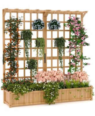 2-Tier Wooden Planter Box with Trellis, Elevated Raised Garden Bed with Roof and Drainage for Vegetables, Flowers