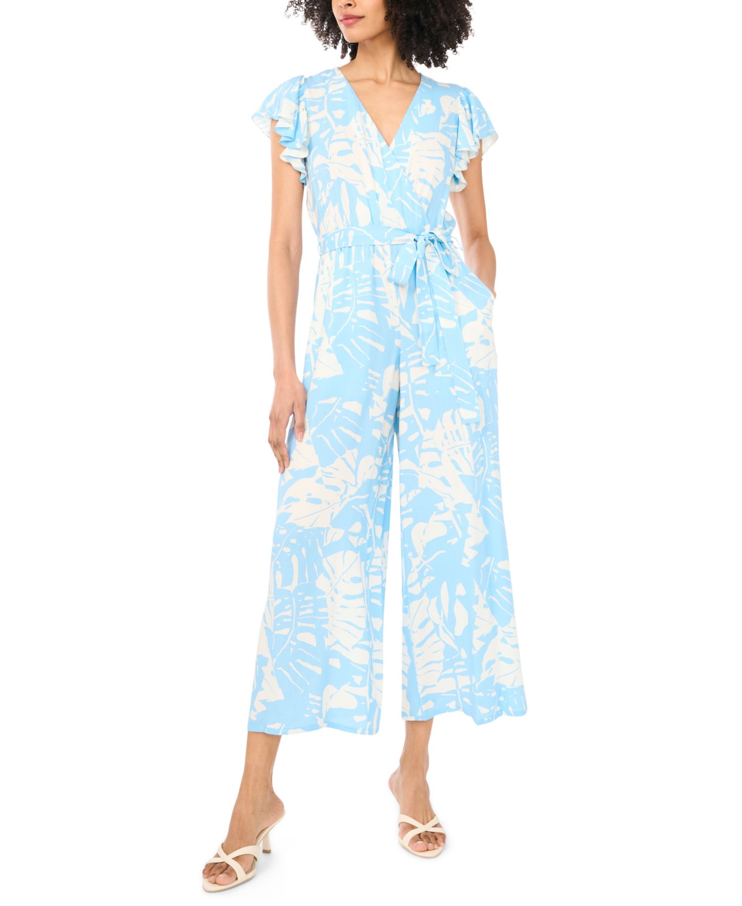 Women's Printed Tie-Waist Flutter-Sleeve V-Neck Jumpsuit