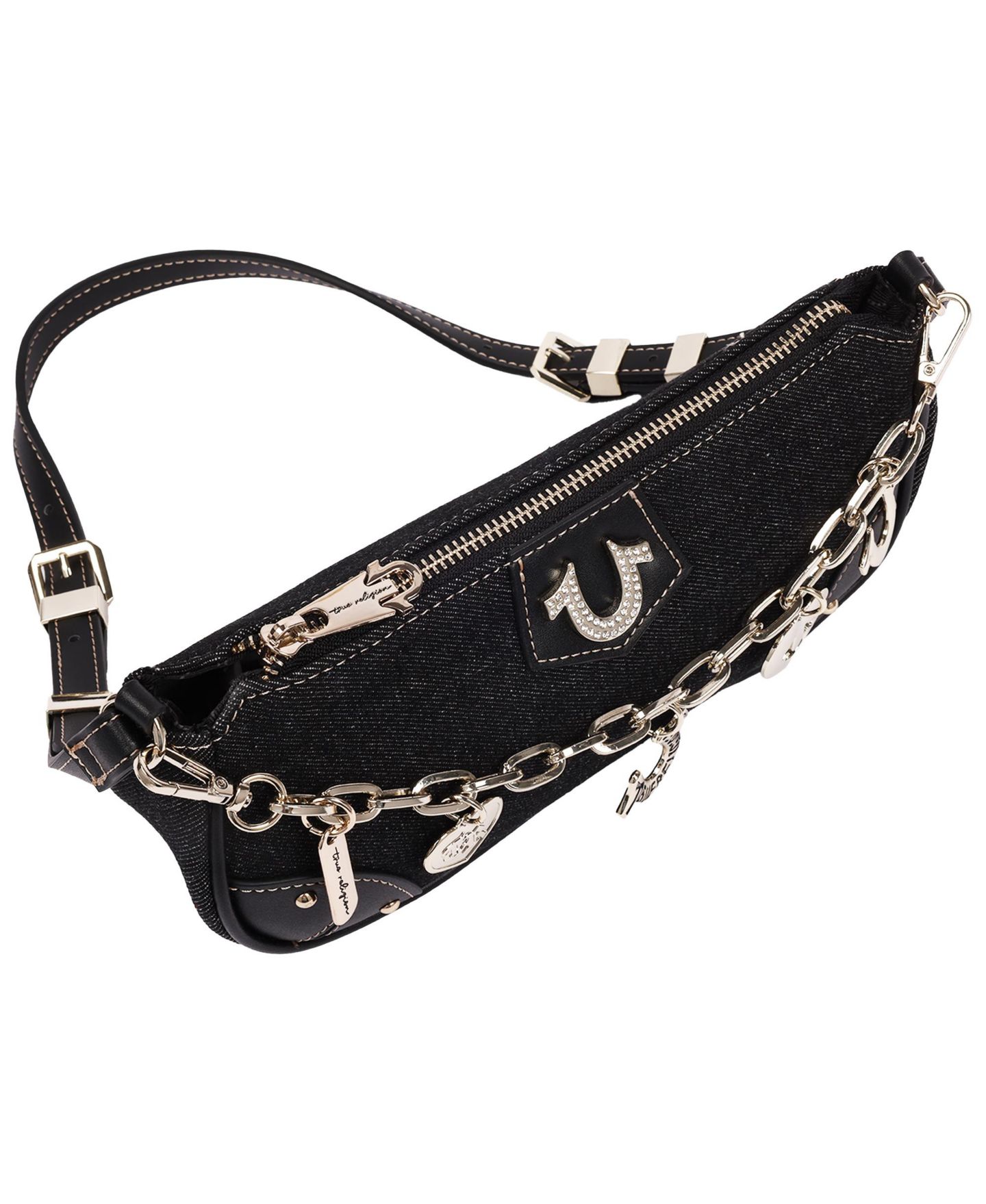 Женские брелоки True Religion Horseshoe Chain Shoulder - Charm Detail Zip Top Purse with Adjustable Strap, цвет: Чёрный — фото 7