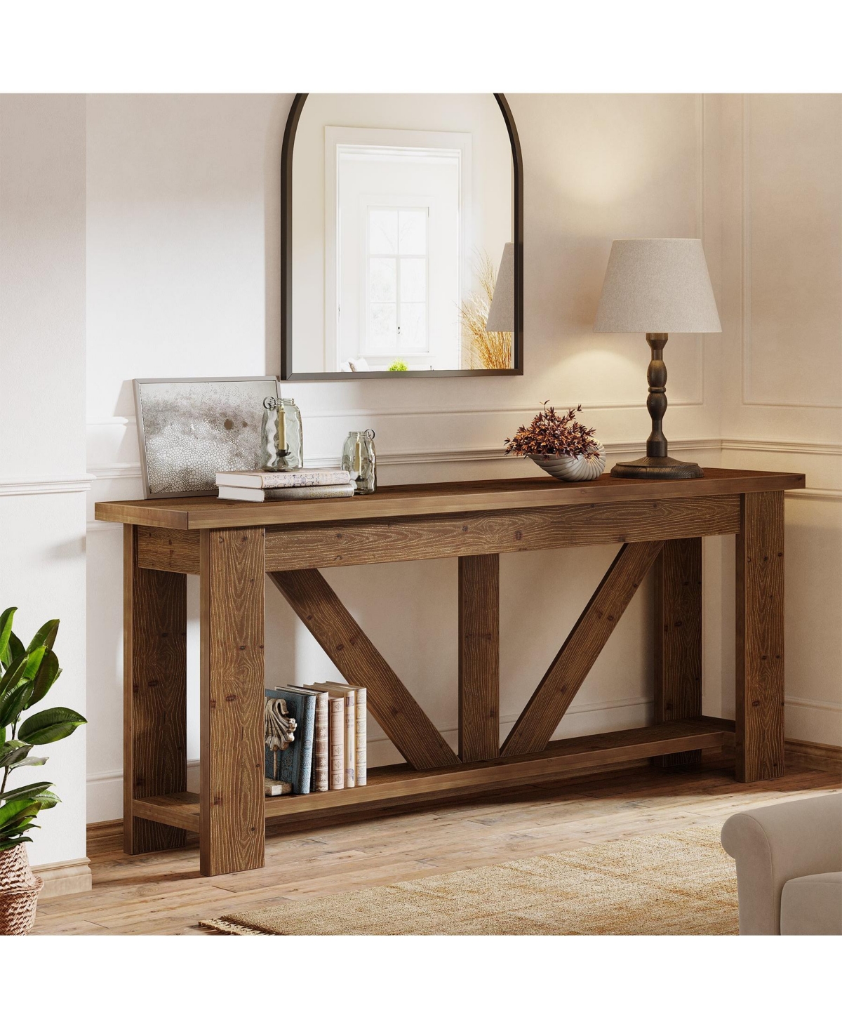 Slickblue 2-Tier Solid Wood Sofa Console Table with Storage for Behind Couch