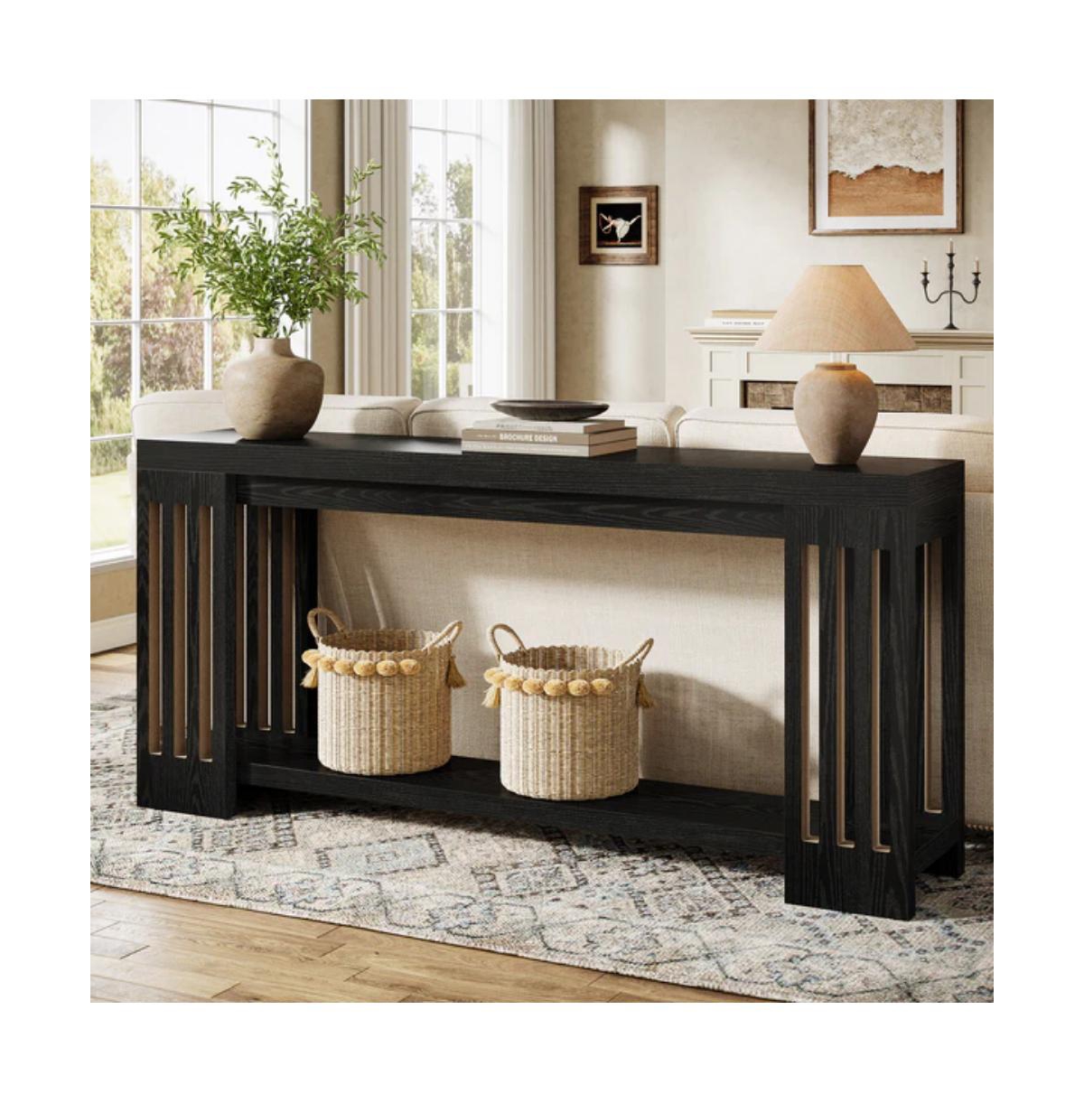Slickblue 2-Tier Farmhouse Sofa Console Table with Vertical Stripe Legs