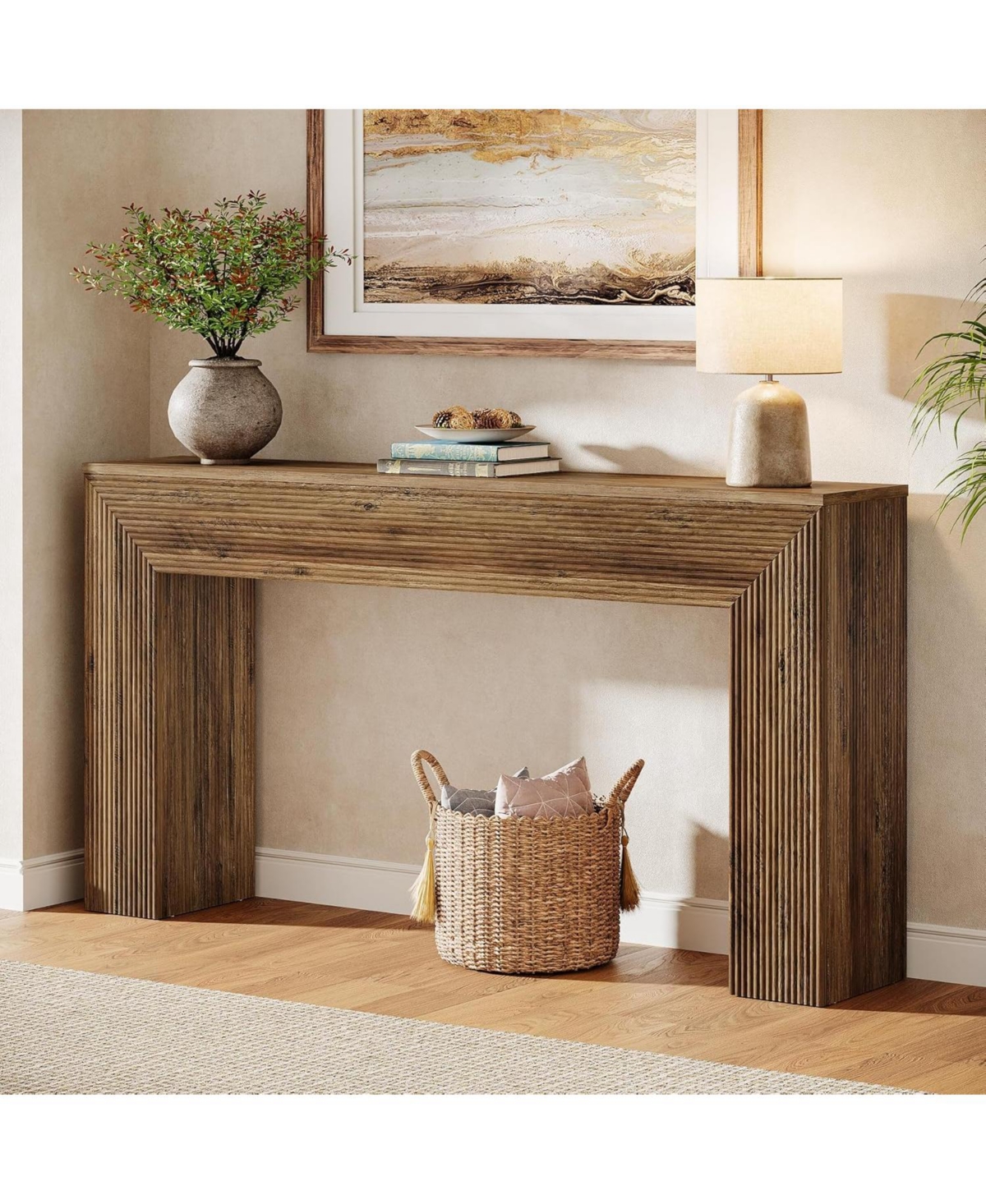 Slickblue Fluted Entryway Console Table with Rustic Wood Finish for Living Room
