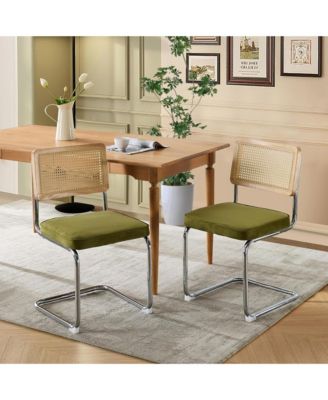 Dining Chairs Set of 2, Velvet Upholstered Kitchen Chairs with Rattan Cane Back and Stainless Chrome Base for Dining Room