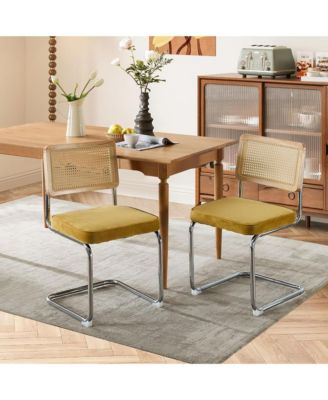 Dining Chairs Set of 2, Velvet Upholstered Kitchen Chairs with Rattan Cane Back and Stainless Chrome Base for Dining Room
