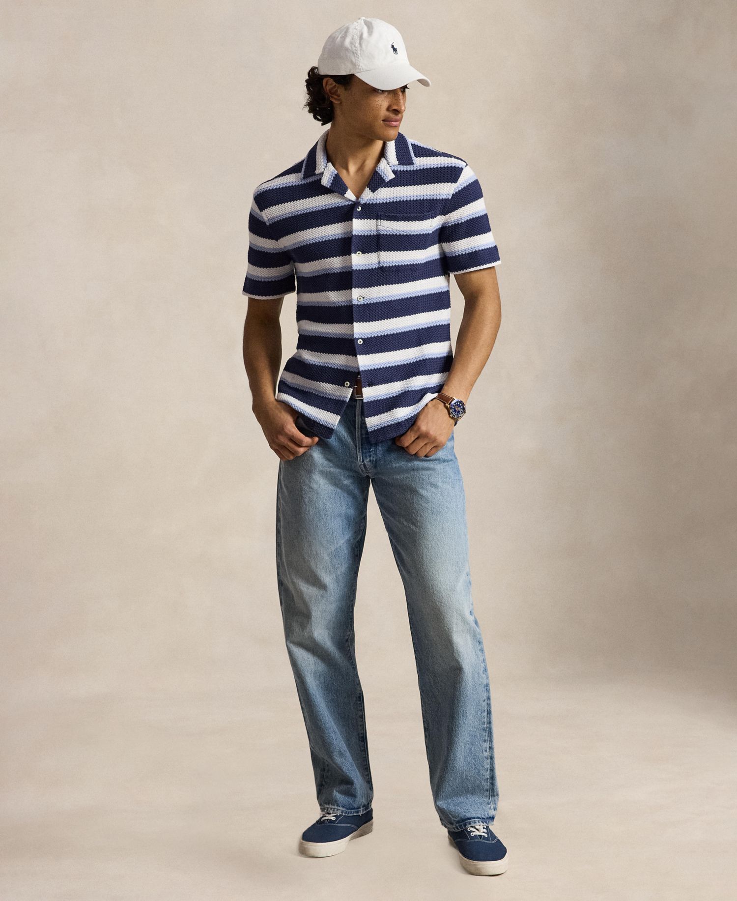 Men's Striped Herringbone Camp Shirt