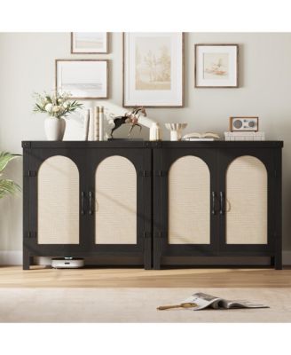 Set of 2 Rattan Sideboard Buffet Cabinets, 31" Farmhouse Wooden Coffee Bar Console with Adjustable Shelves & Doors for Living Room
