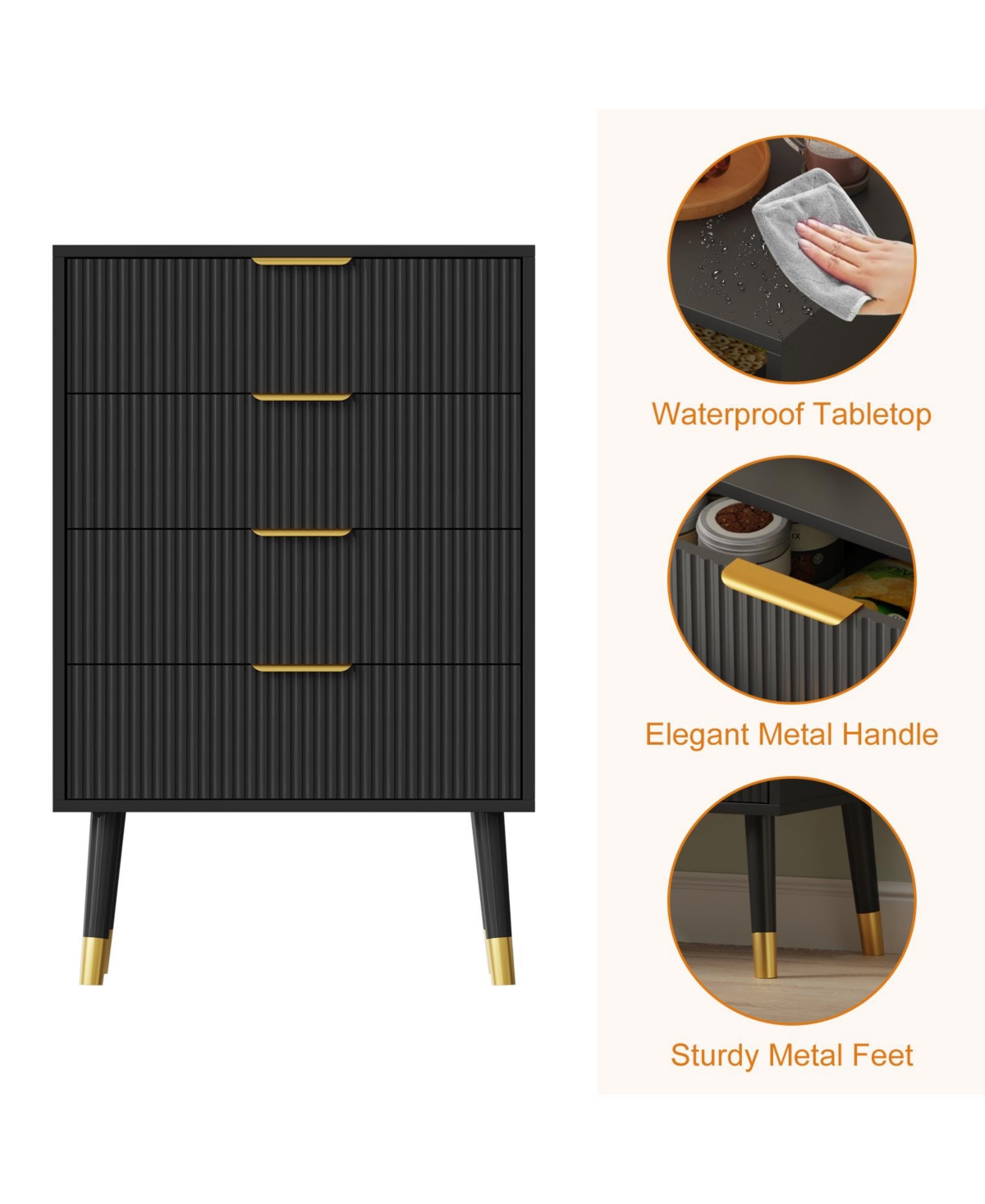 homfan Fluted 4-Drawer Dresser with Metal Handles, Tall Nightstand Cabinet for Bedroom, Living Room, Hallway, Entryway