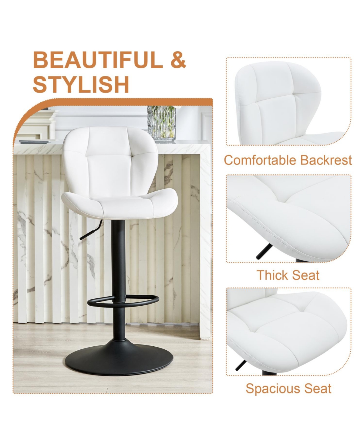Rainsken Modern Bar Stools Set of 2, Faux Pu Leather Upholstered, Adjustable Swivel Barstools, for Kitchen Island, Bar