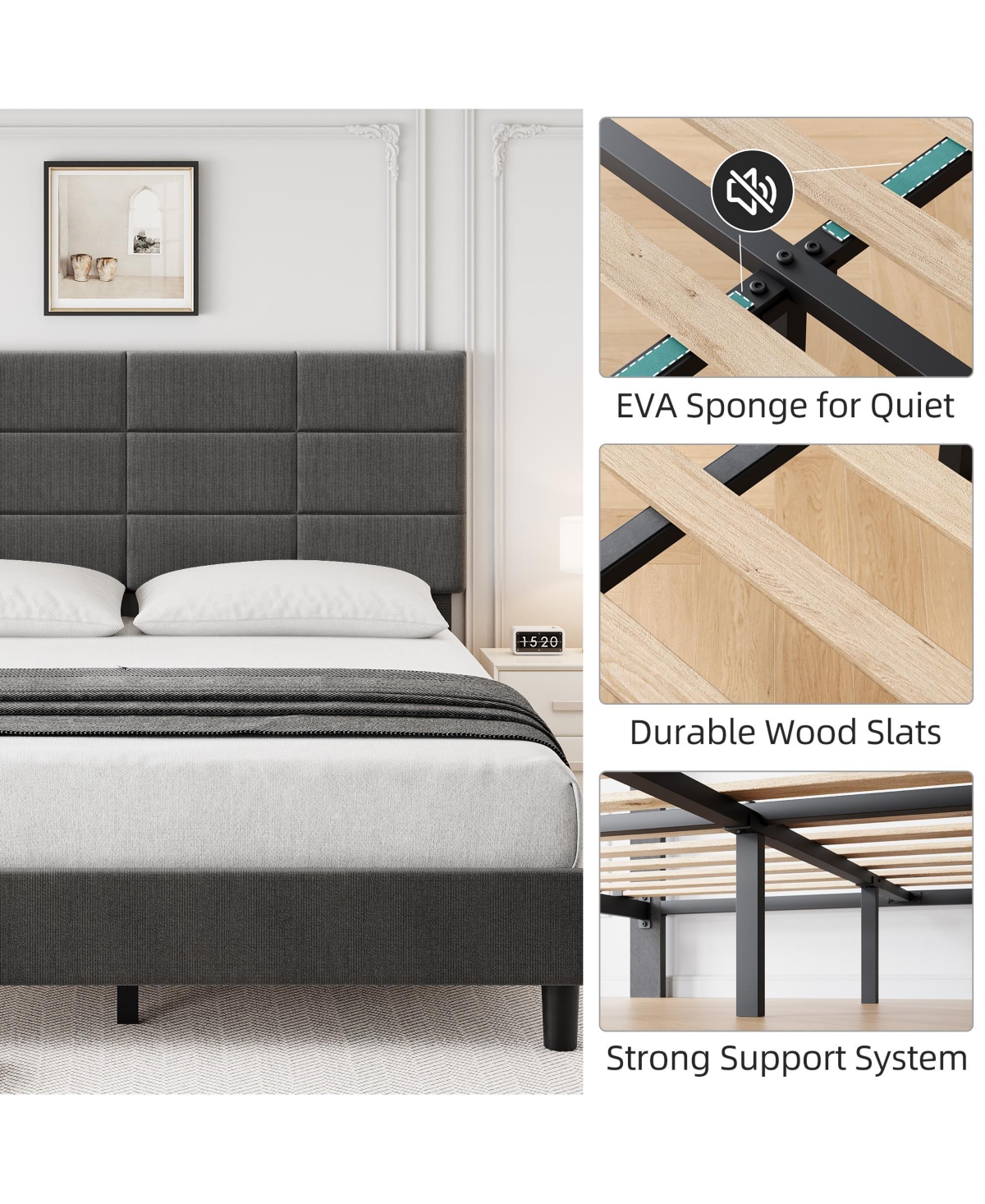 homfan Linen Upholstered Platform Bed Frame with Adjustable Headboard, Wood Slat Support, Quiet Design