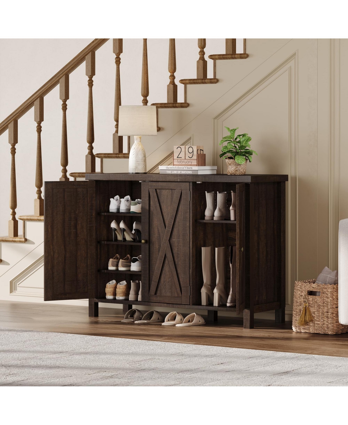 homfan Farmhouse Shoe Storage Cabinet with 3 Barn Doors, Freestanding Narrow Rack Organizer Adjustable Shelves, Ideal for Entryway