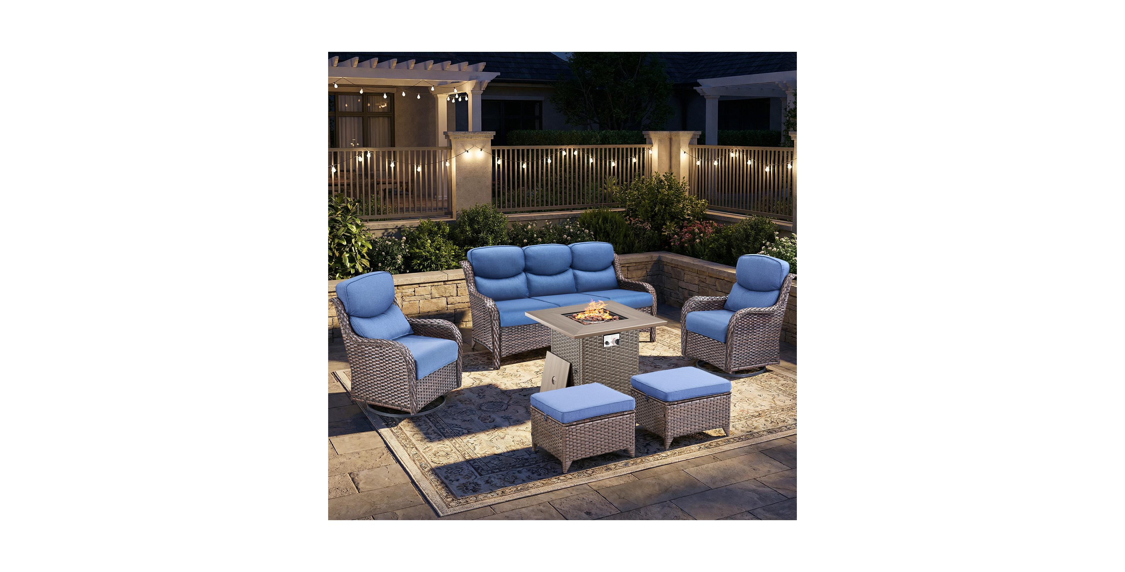 Pocassy Patio Furniture Set with Fire Pit Table-6 Piece All Weather Wicker Outdoor High Back Swivel Chairs Couch
