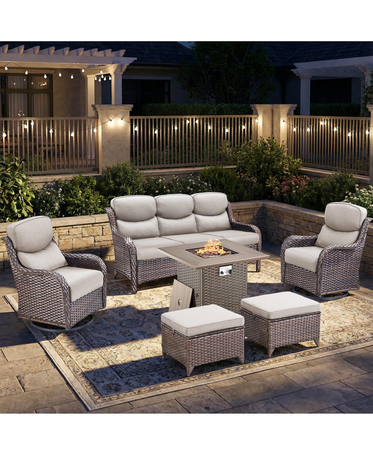 Pocassy Patio Furniture Set with Fire Pit Table-6 Piece All Weather Wicker Outdoor High Back Swivel Chairs Couch