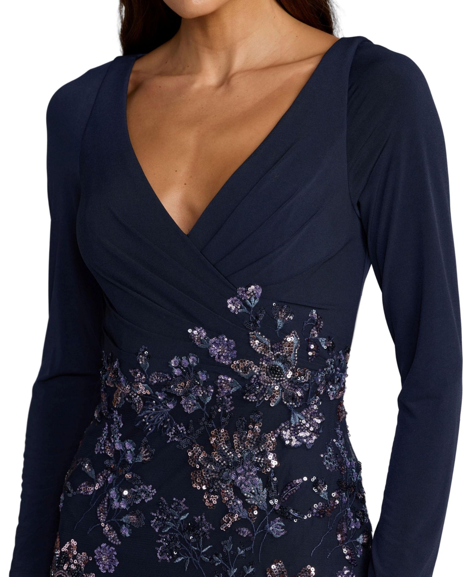 Petite Floral Embroidered Jersey Long Sleeve Gown