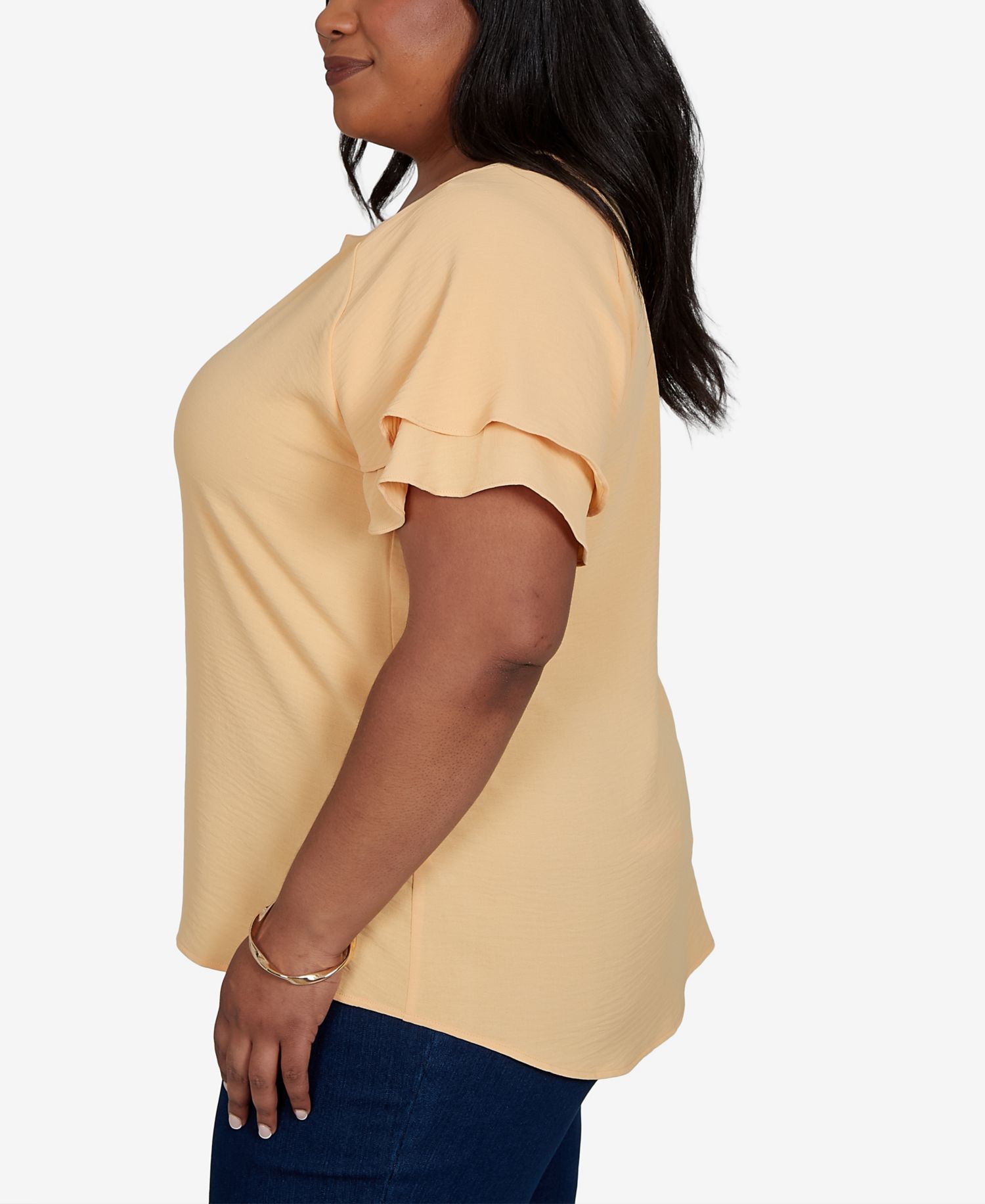 Plus Size Solid Crinkle Double Flutter-Sleeve Top