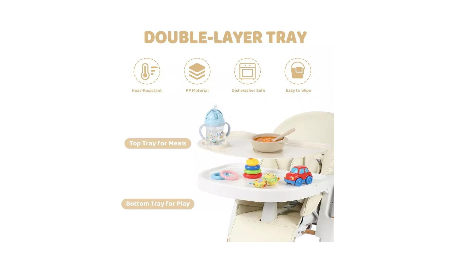 BabyKinder King Convertible Baby High Chair with Wood Grain Removable Double Tray and Easy Clean Design