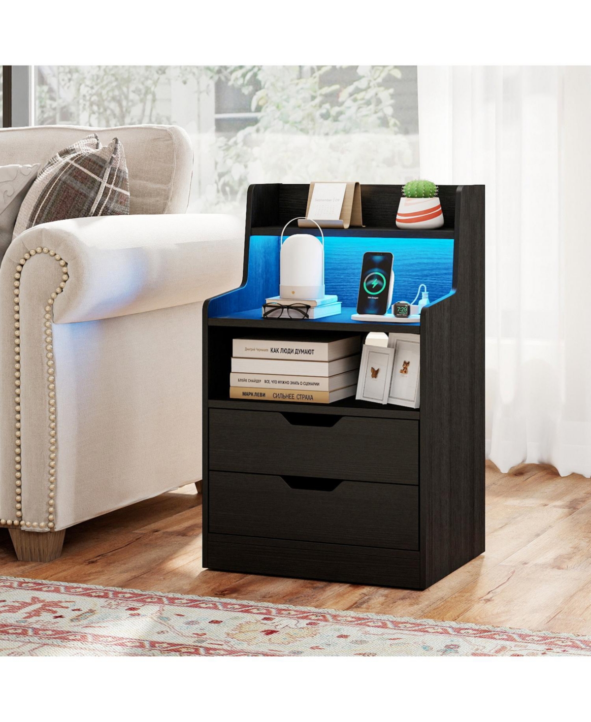 Slickblue Modern Nightstand with Led Light and Usb Charging for Bedside Use