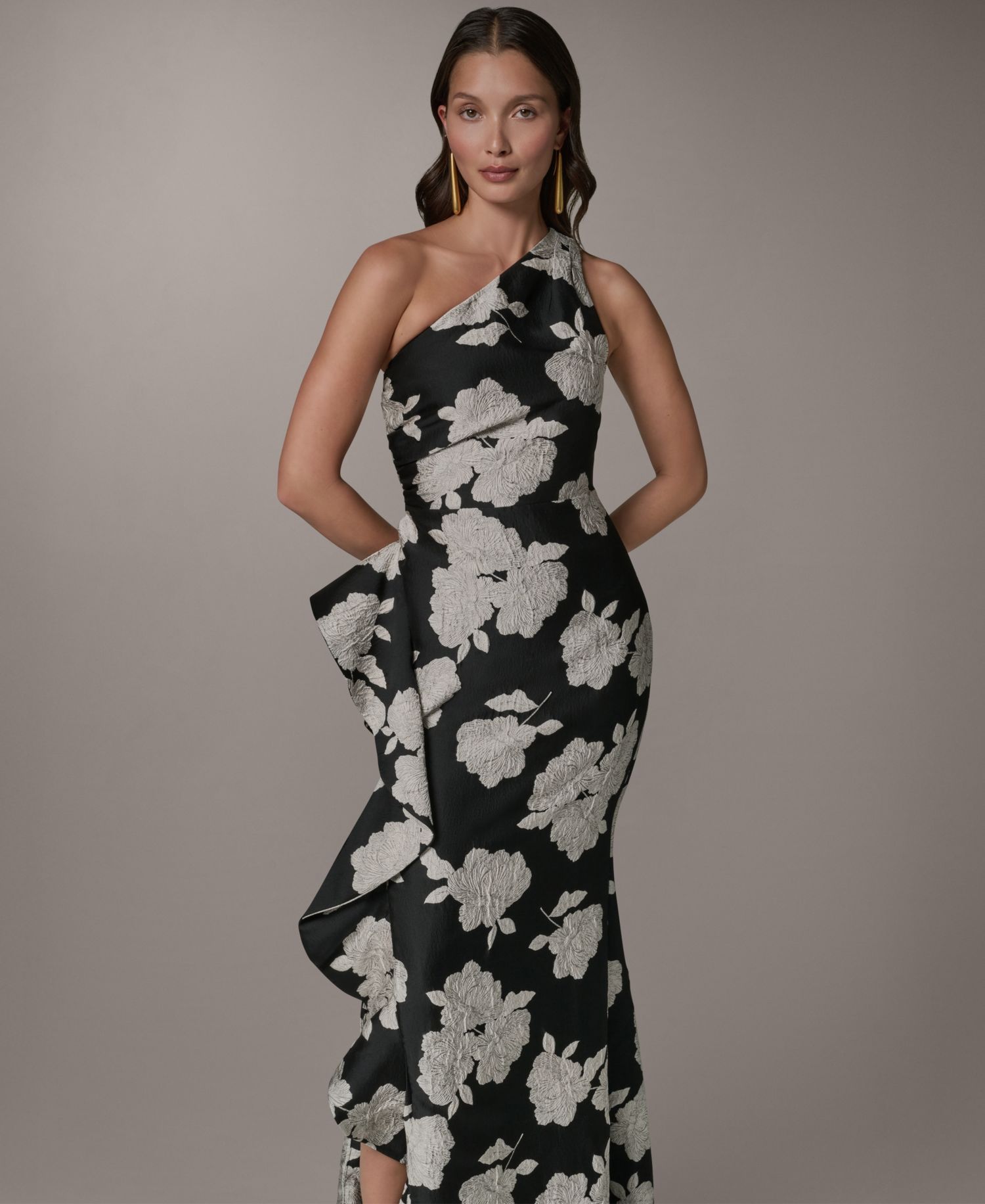 Women's Floral One-Shoulder Ruffle Evening Gown