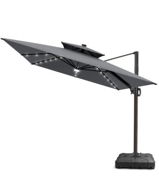 Outdoor Patio 9x11 FT Aluminum Double Canopy Solar Lights Cantilever Umbrella with Wheel Base