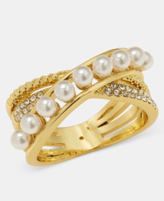 Glass Pearl and Crystal Pave Ring
