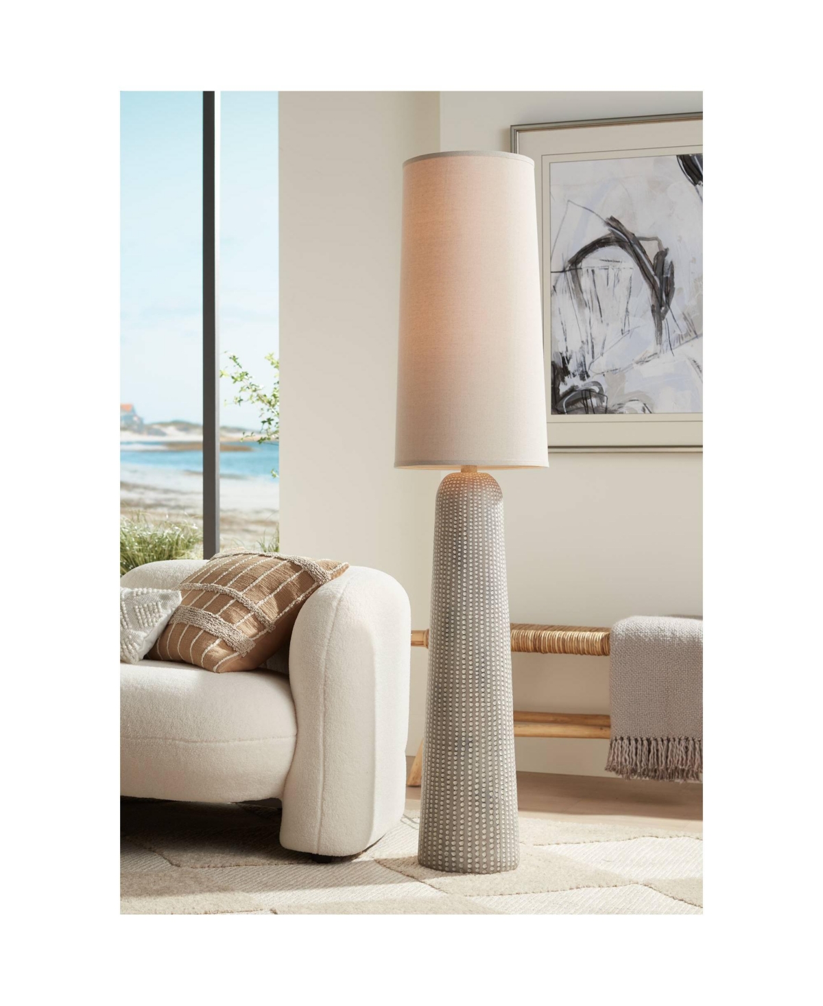 Regency Hill Leisa Mid Century Modern Southwest 64 1/2" Tall Standing Floor Lamp Foot Switch Natural Hammered Pattern
