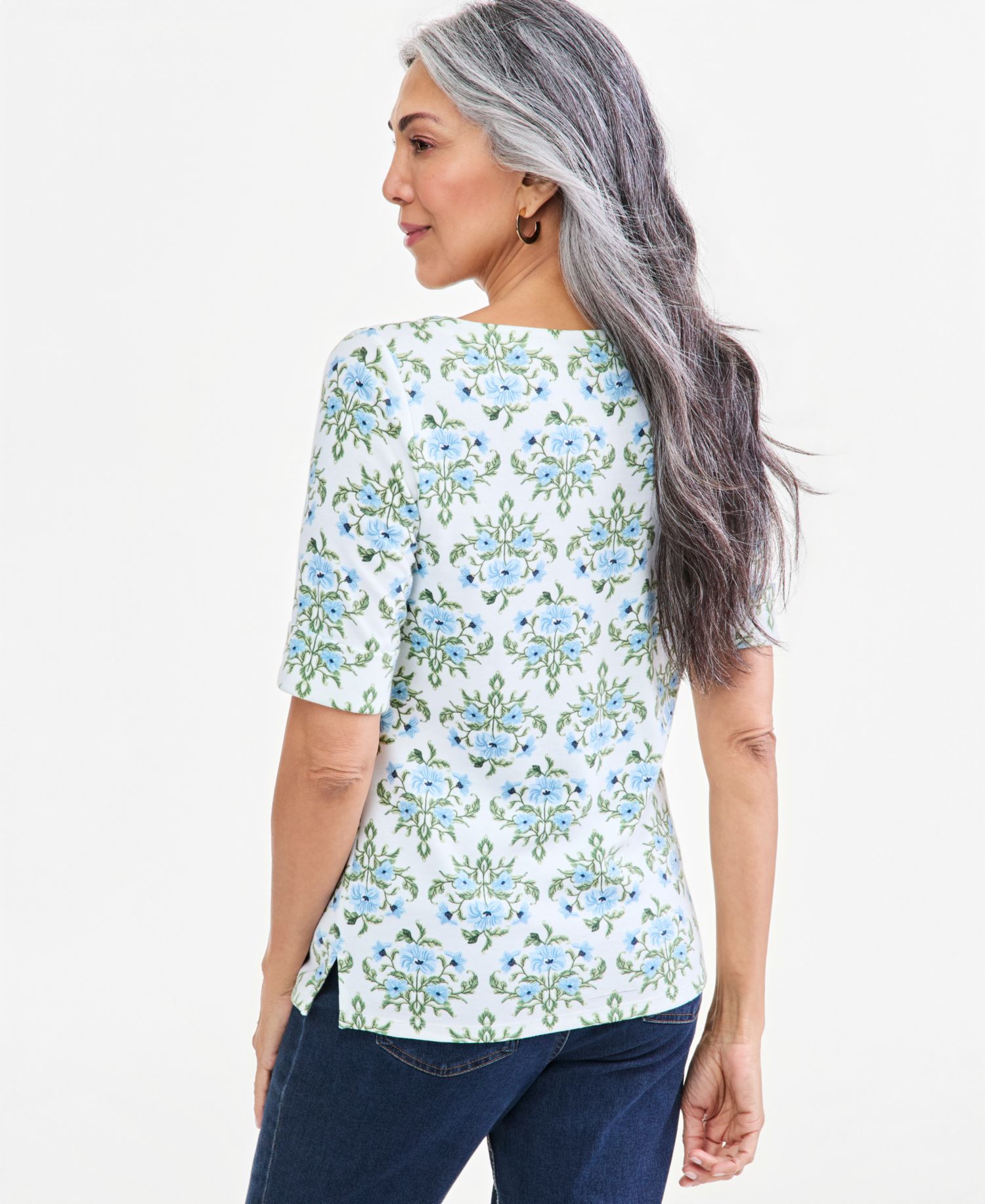 Women's Printed Boat-Neck Elbow Sleeve Top