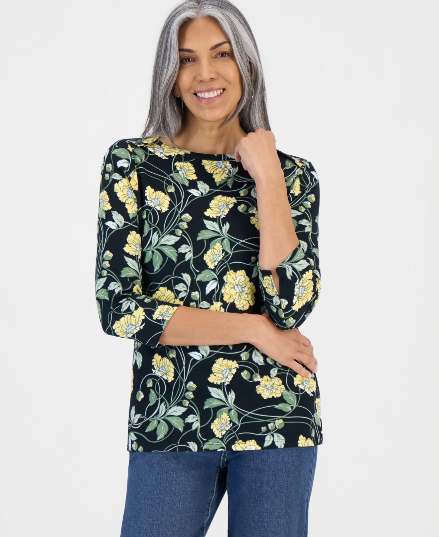Petite Printed Pima Cotton 3/4-Sleeve Boat Neck Top