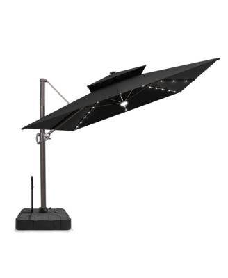 Outdoor Patio 9x11FT Aluminum Double Canopy Solar Lights Cantilever Umbrella with Rod Wheel Base