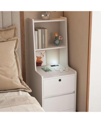 Nightstand with Charging Station and Night Light, Lockable Bedside Cabinet Table with 2 Storage Drawers and Bookshelf for Bedroom