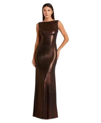 Petite Metallic Column Evening Gown with Elegant