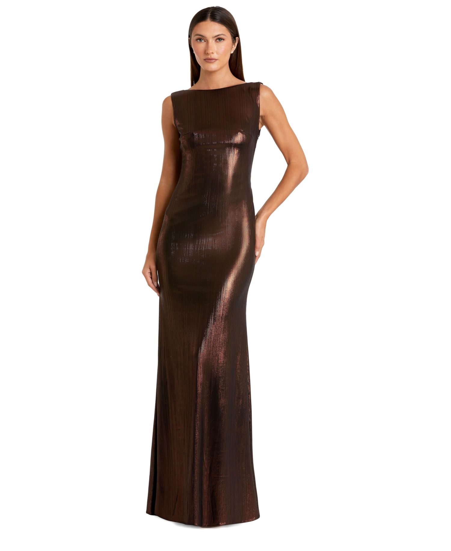 Petite Metallic Column Evening Gown with Elegant