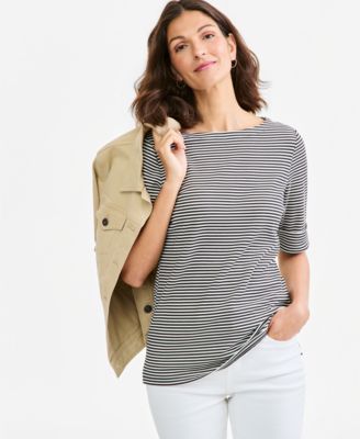 Petite Elbow Feeder Stripe Boatneck Elbow-Sleeve T-Shirt