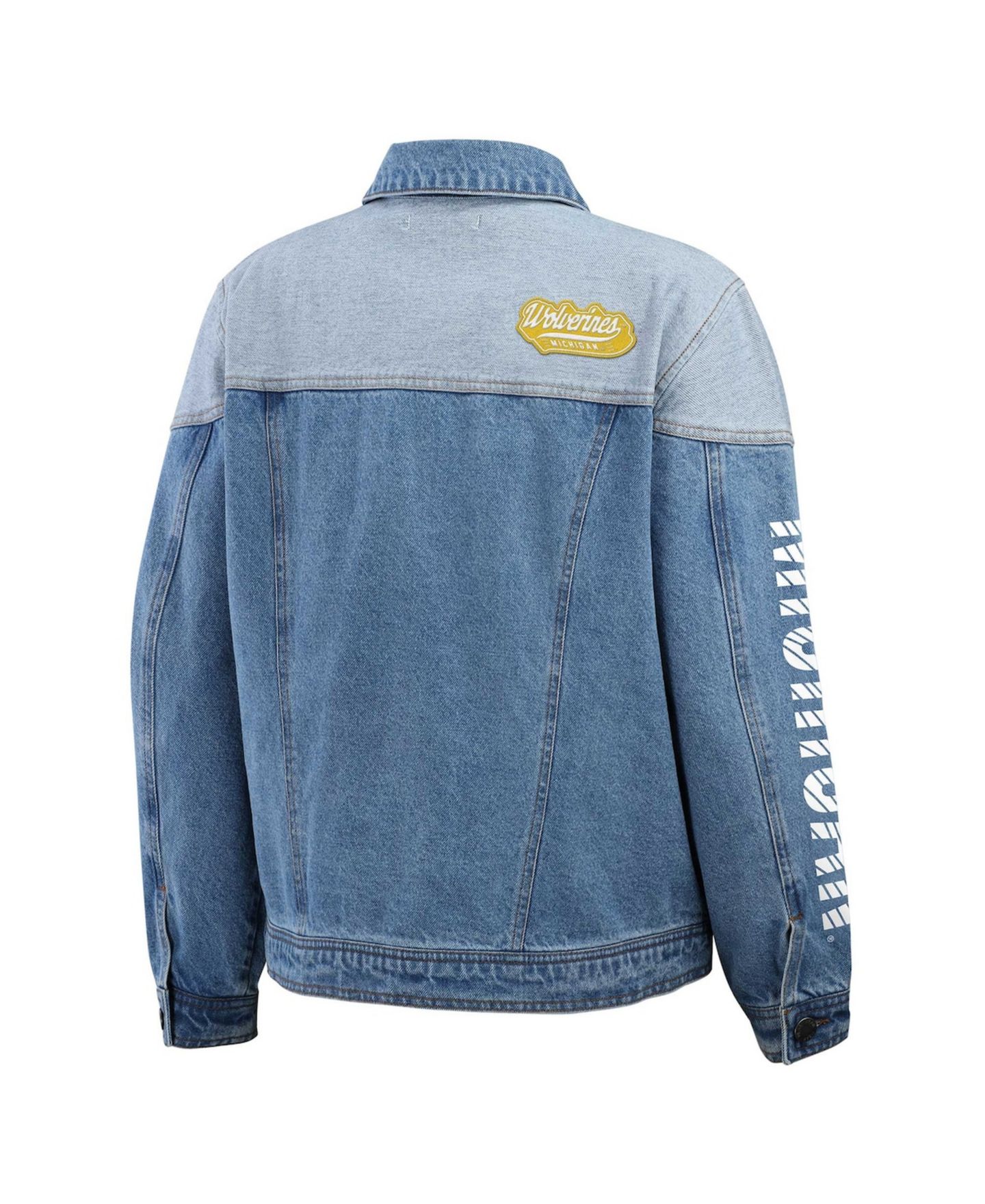 Женская куртка WEAR by Erin Andrews Denim Michigan Wolverines Sleeve Hit Color Block Button-Down Denim Jacket — фото 3