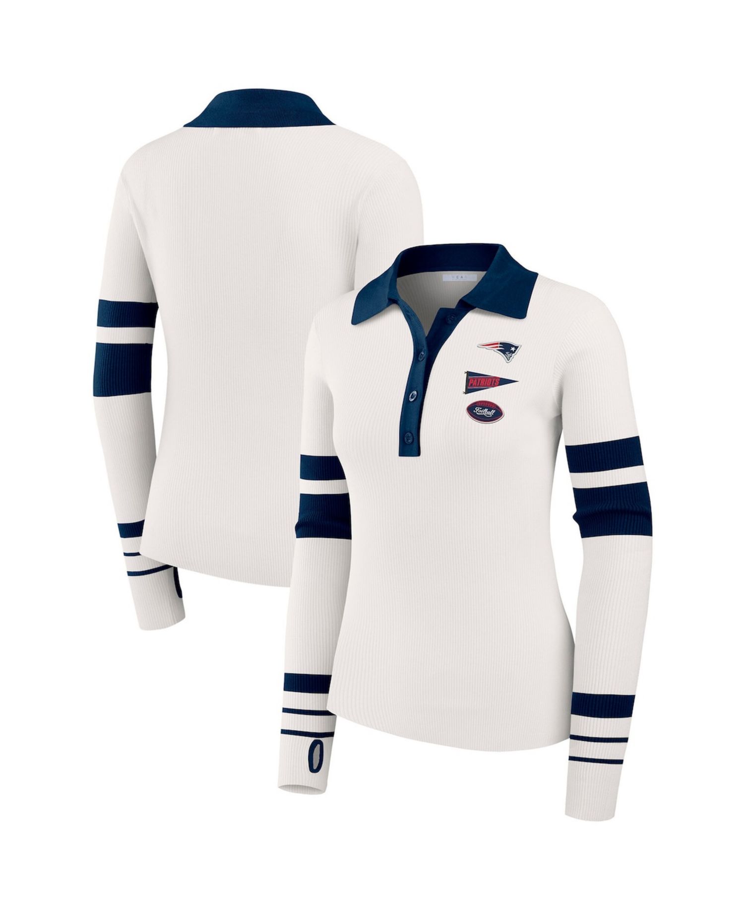 Women's White New England Patriots Ribbed Henley Polo Sweater