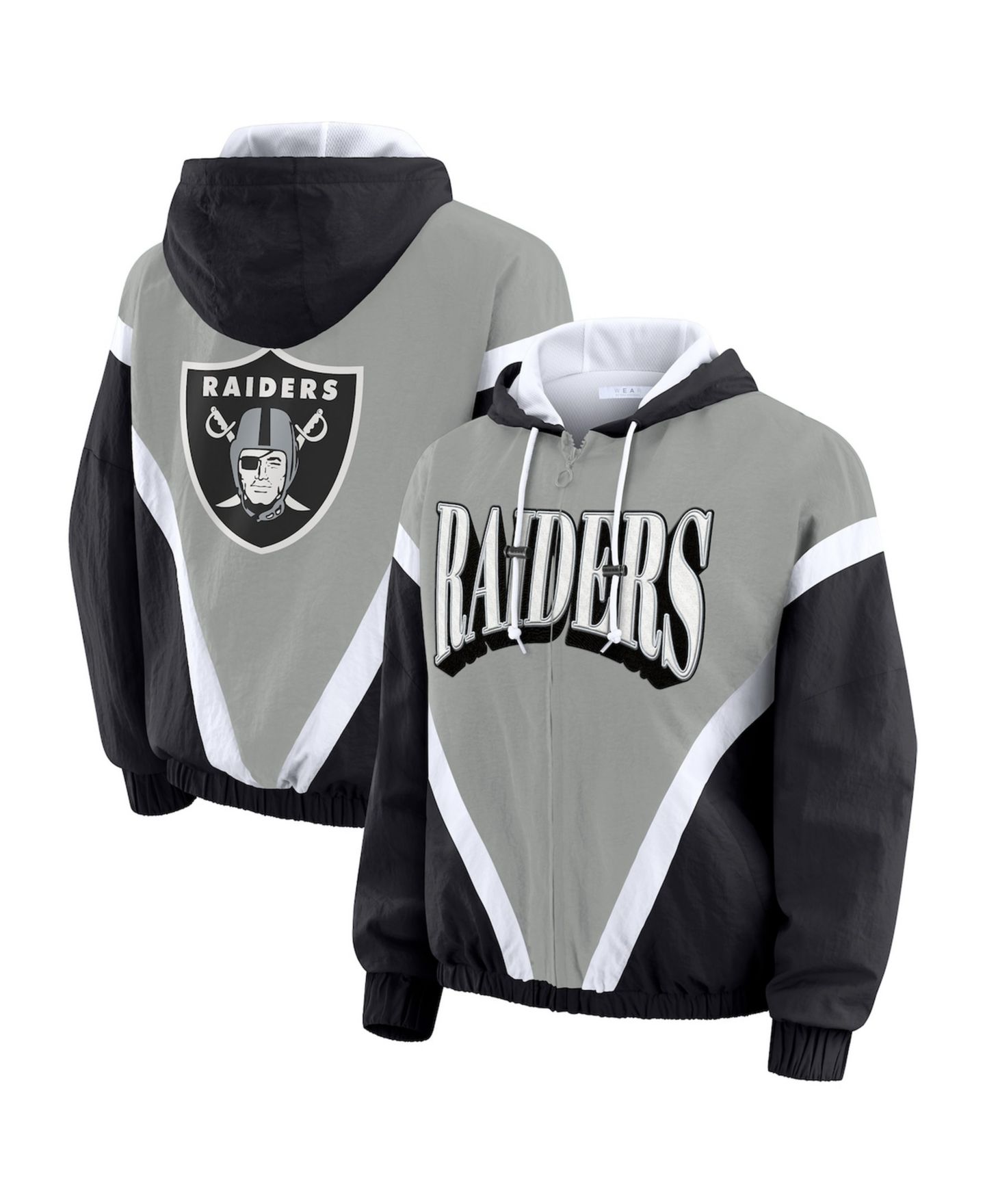 Женские худи WEAR by Erin Andrews Black/Gray Las Vegas Raiders Plus Size Retro Crinkle Full-Zip Windbreaker Jacket — фото 1
