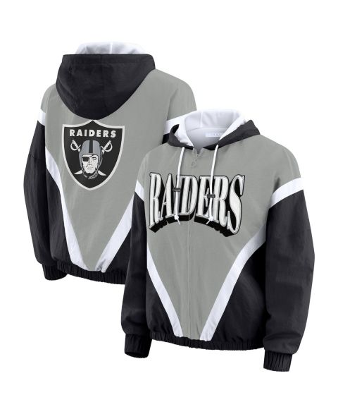 Женские худи WEAR by Erin Andrews Women's Black/Gray Las Vegas Raiders Plus Size Retro Crinkle Full-Zip Windbreaker Jacket
