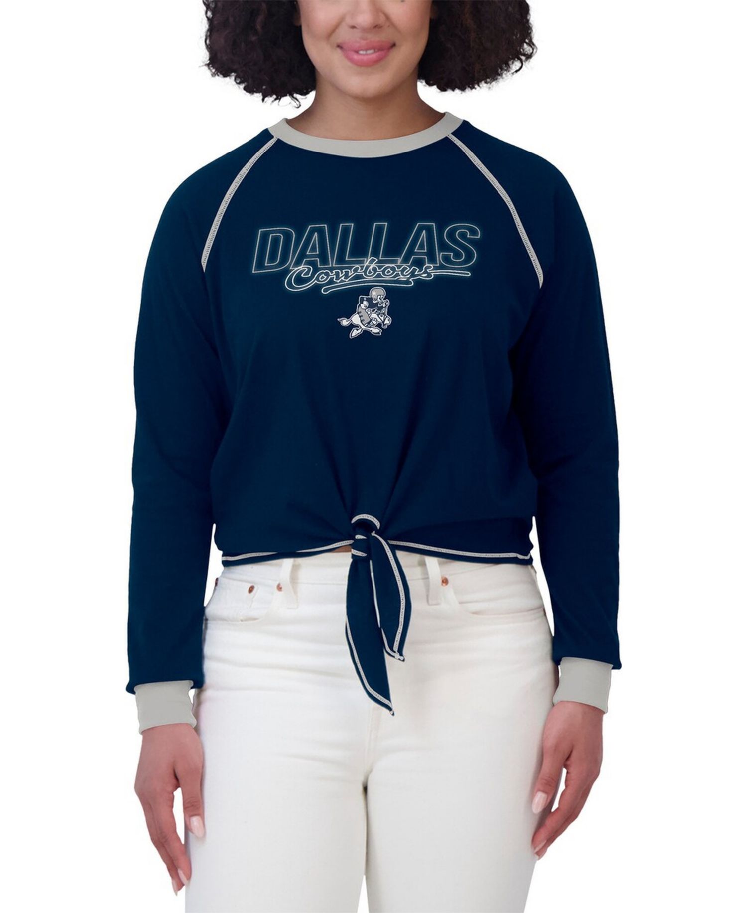 Women's Navy Dallas Cowboys Tie-Front Long Sleeve T-Shirt
