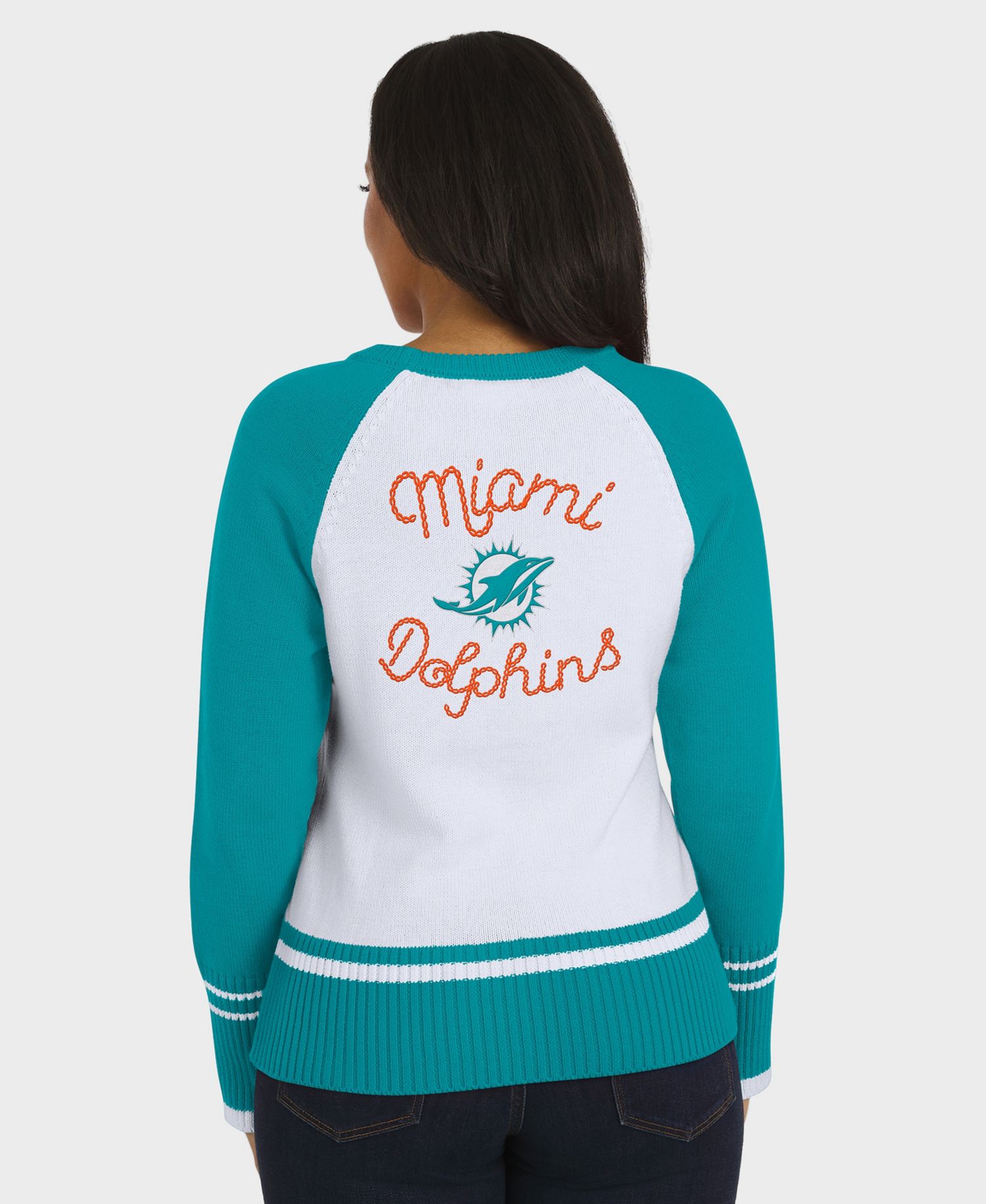 Women's White/Aqua Miami Dolphins Color block Raglan Sweater