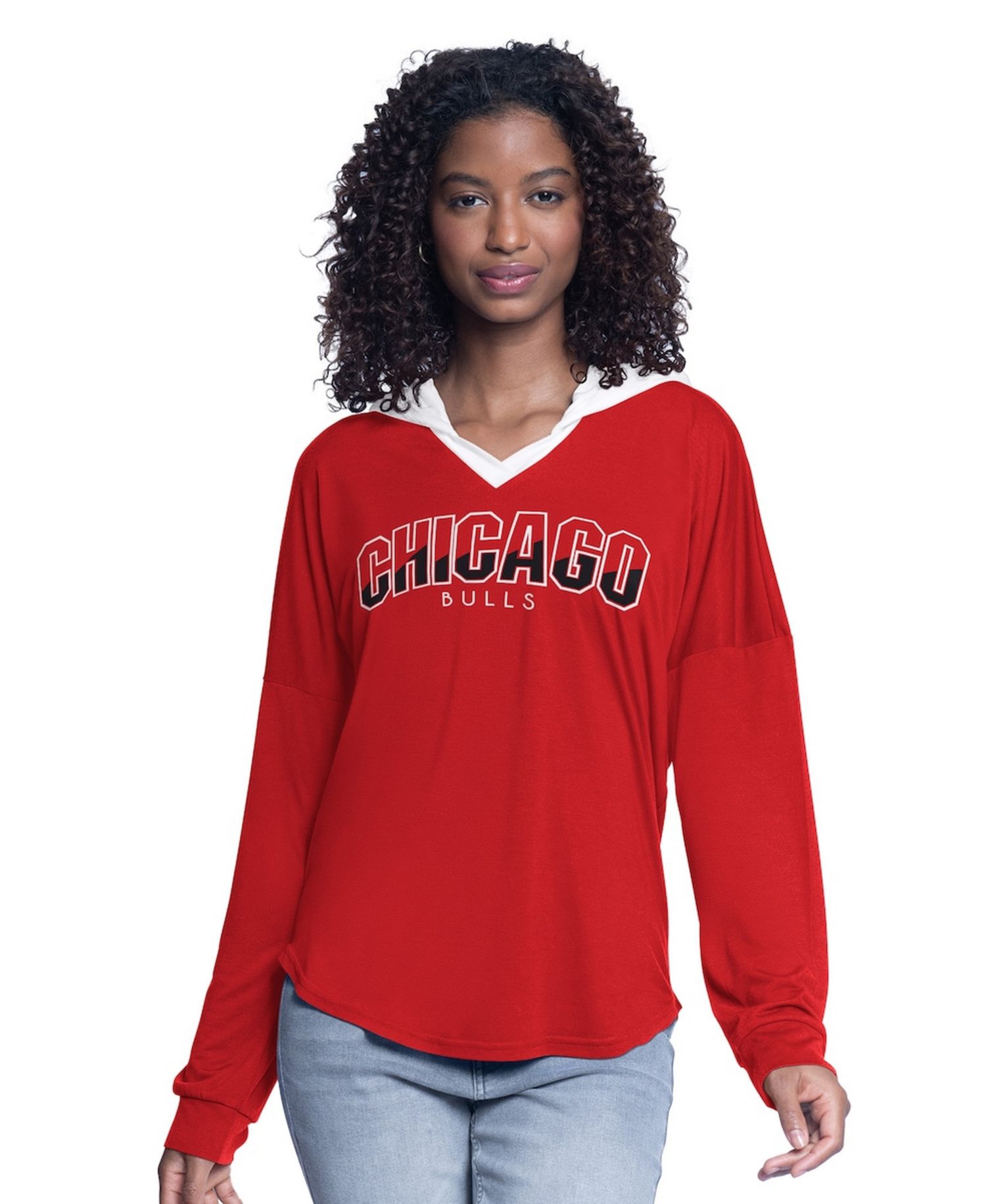 Women's Red Chicago Bulls Bench Player Oversized Long Sleeve Hooded Top