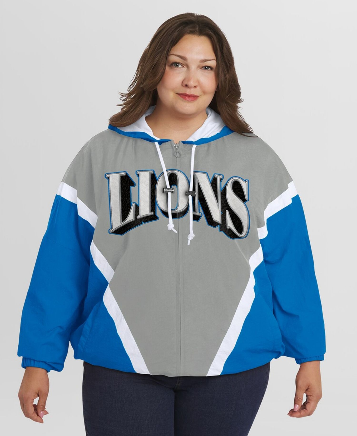 Women's Blue/Gray Detroit Lions Plus Size Retro Crinkle Full-Zip Hoodie Windbreaker Jacket
