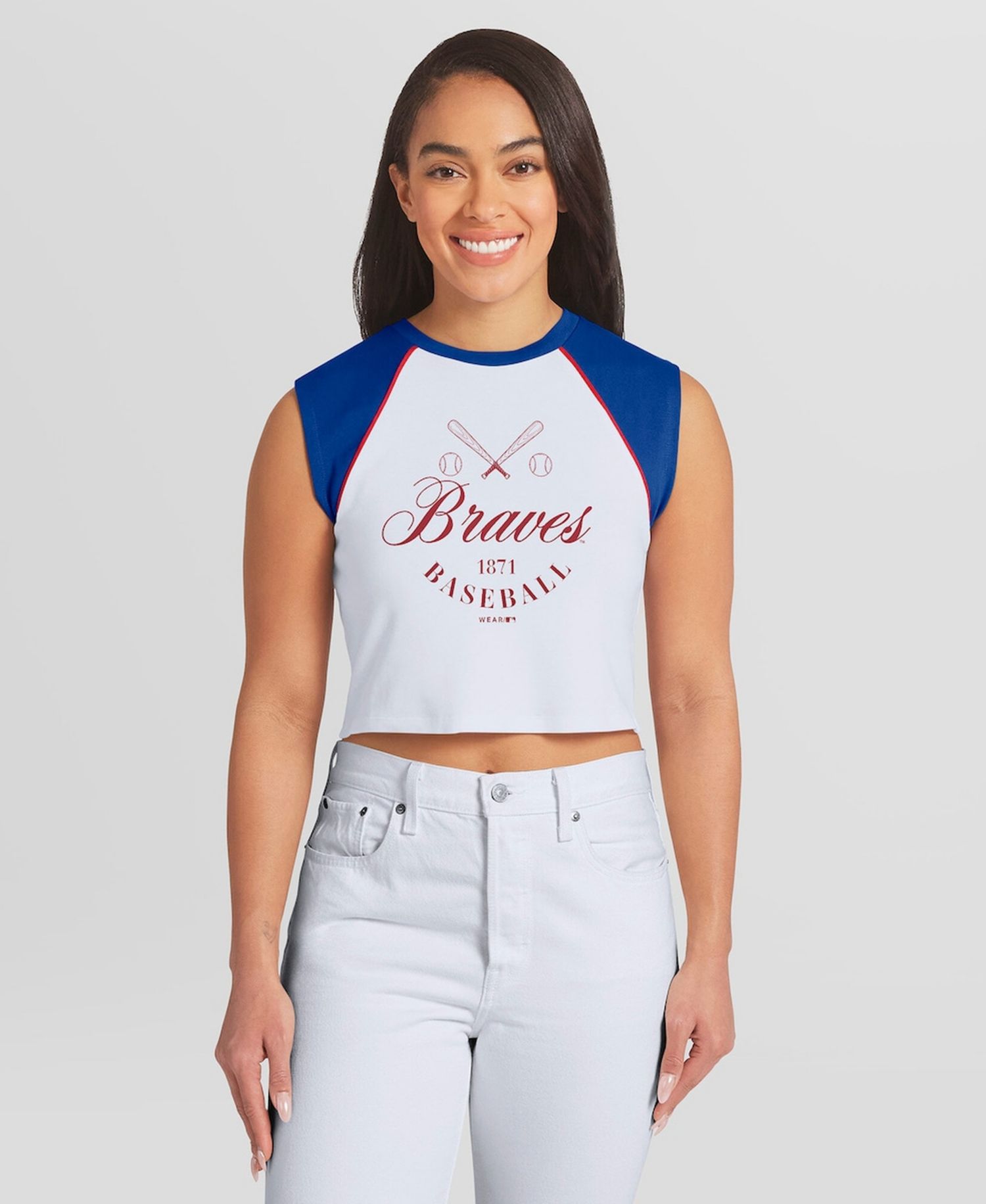Women's White Atlanta Braves Cooperstown Cropped Raglan Tank Top