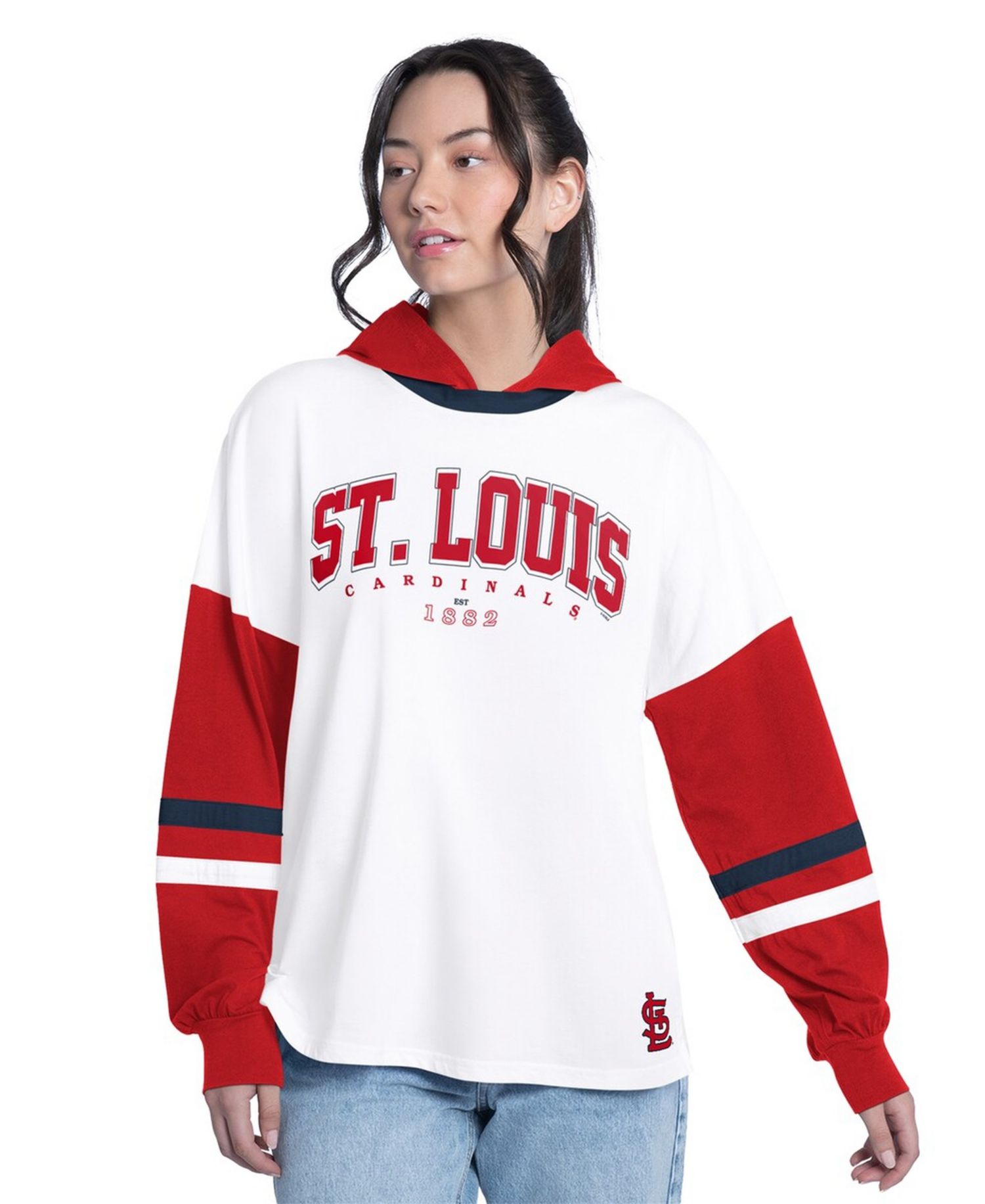 Women's White/Red St. Louis Cardinals Key Player Oversized Hooded Long Sleeve T-Shirt