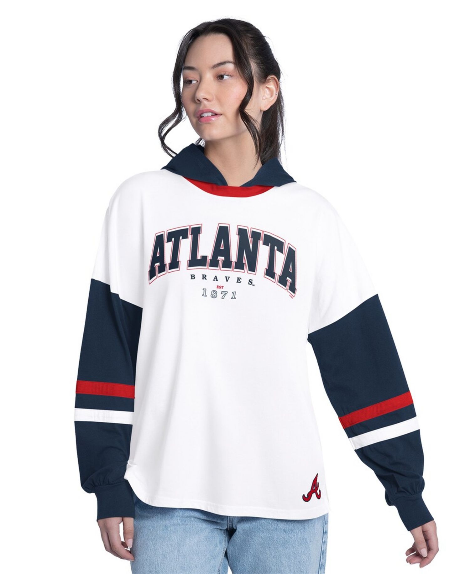 Women's White/Navy Atlanta Braves Key Player Oversized Hooded Long Sleeve T-Shirt