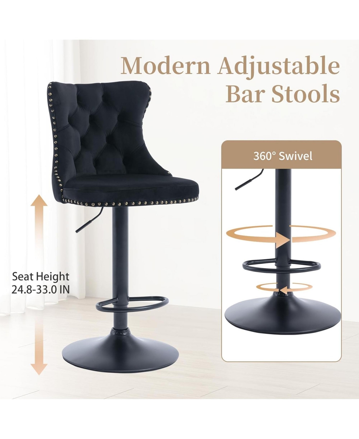 Rainsken Set of 2 Velvet Bar Stools, Adjustable Swivel Counter Height Chairs with Back, Footrest and Nailhead Trim for Kitchen Island