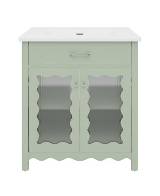 30 Inch Multifunctional Bathroom Vanity Modern  Storage Cabinet with Tempered Glass Rubber Wood Legs and Soft Close Silent Doors