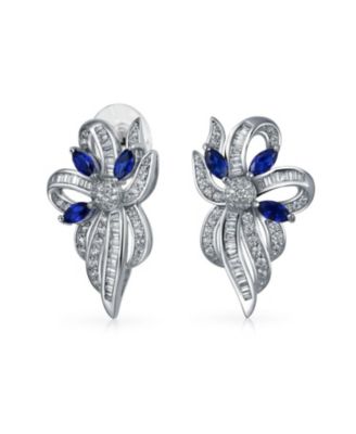 Vintage Cocktail Statement Sapphire Blue CZ Ribbon Bow Drop Stud Earrings Silver Plated