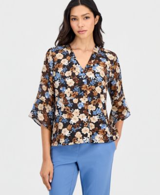 Petite Floral-Print Split-Neck Bell-Sleeve Top