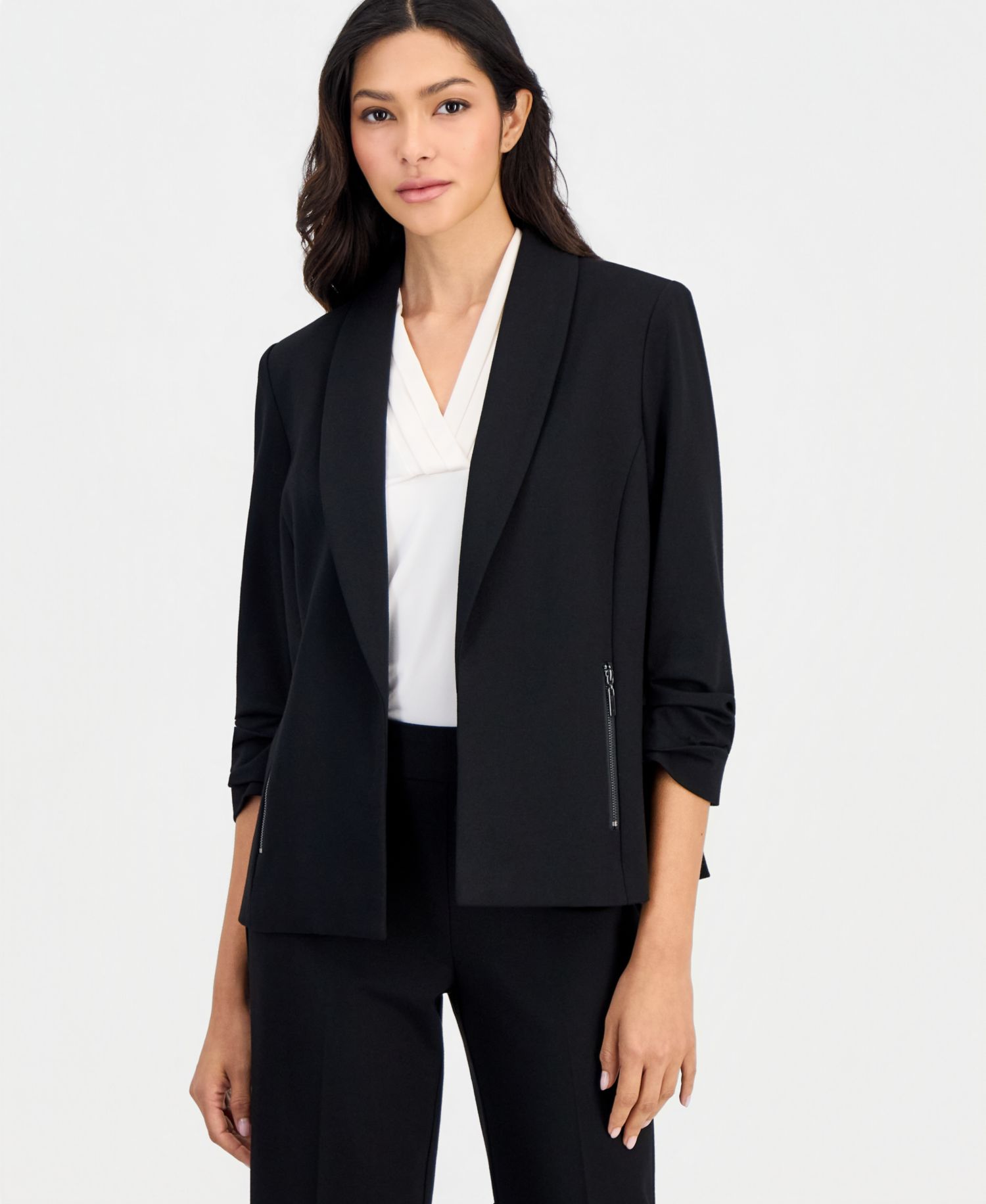 Petite 3/4-Sleeve Open-Front Zip-Pocket Jacket